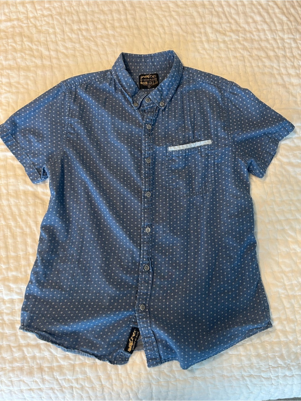United By Blue Short-Sleeve Button-Down in Blue with Micro Dot Print